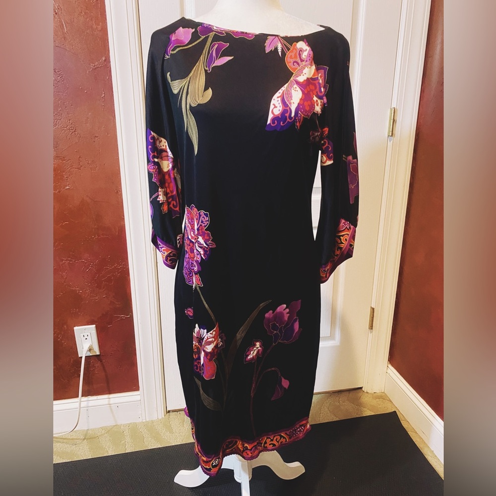 Ellie Tahari Black Shift Dress with Vibrant Purple, Pink and White Flowers